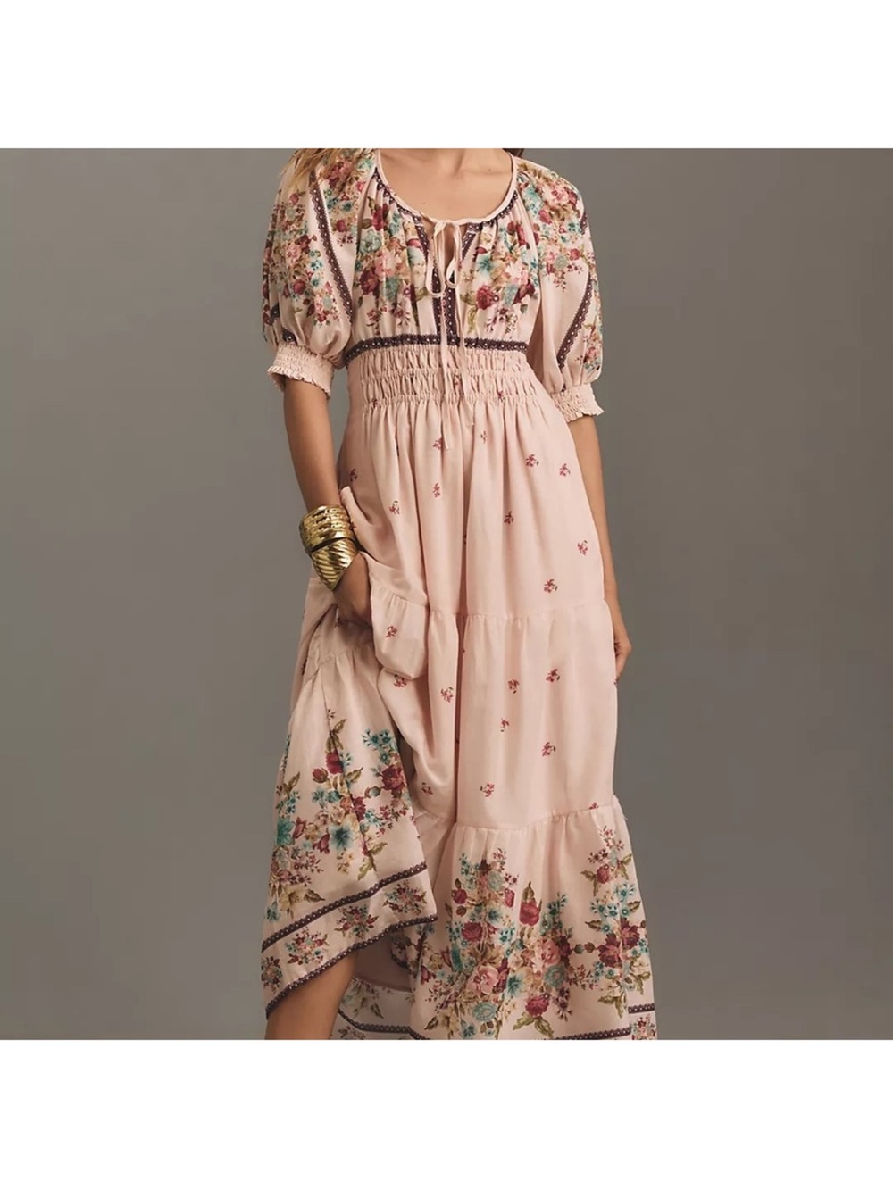 Anthropologie Pink Floral Embroidered Maxi Dress